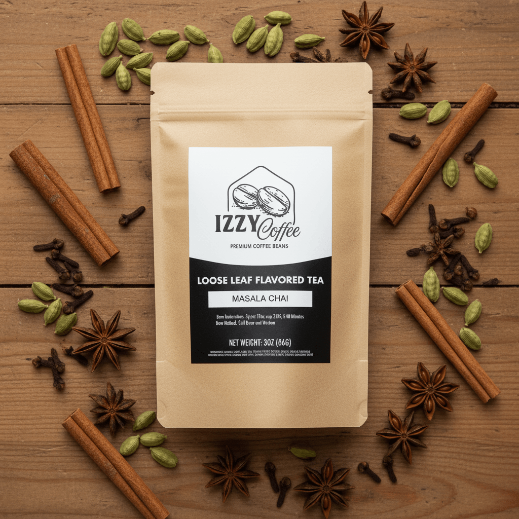 Authentic Masala Chai Izzy Coffee premium loose leaf tea lifestyle image for brewing and gifting
