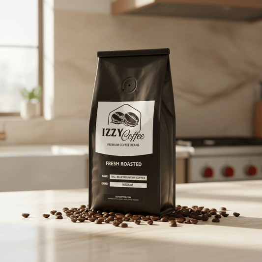Bali Blue Mountain Coffee Izzy Coffee fresh roasted coffee lifestyle image for brewing and gifting