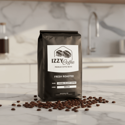 Caramel Delight Coffee Izzy Coffee fresh roasted coffee lifestyle image for brewing and gifting