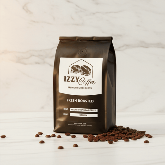 French Vanilla Coffee Izzy Coffee fresh roasted coffee lifestyle image for brewing and gifting