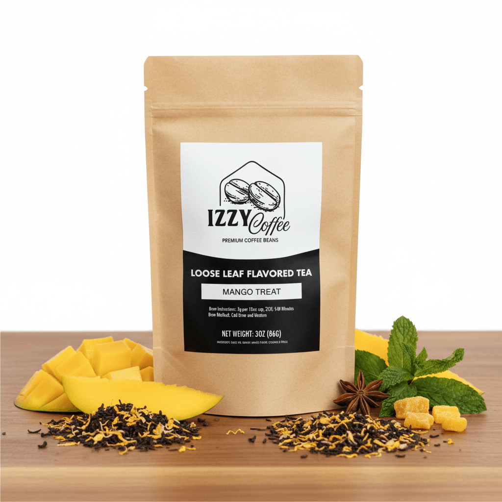 Mango Herbal Tea Izzy Coffee premium loose leaf tea lifestyle image for brewing and gifting