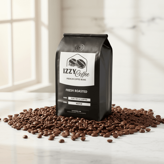 Peru Decaf Coffee Izzy Coffee fresh roasted coffee lifestyle image for brewing and gifting