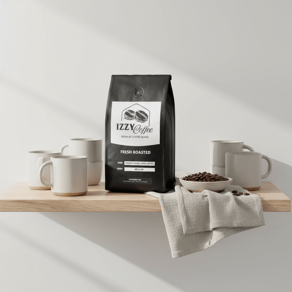Whiskey Barrel Aged Coffee Izzy Coffee fresh roasted coffee lifestyle image for brewing and gifting