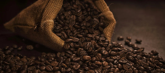 Medium roast coffee beans spilling from a burlap sack for home brewing