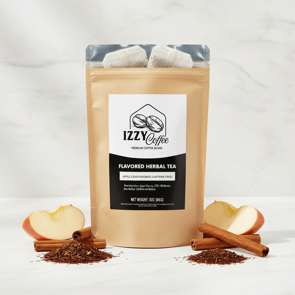 Apple Cider Rooibos Herbal Tea Izzy Coffee premium loose leaf tea lifestyle image for brewing and gifting
