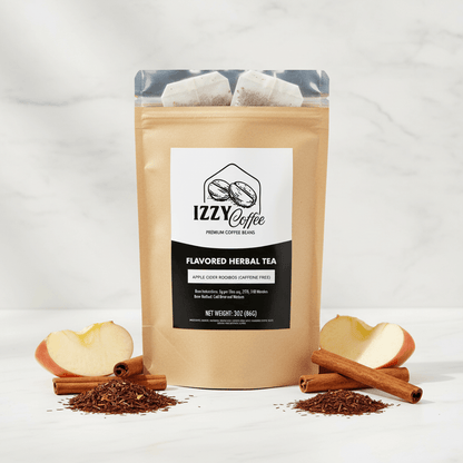 Apple Cider Rooibos Herbal Tea Izzy Coffee premium loose leaf tea lifestyle image for brewing and gifting