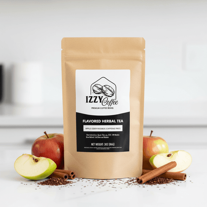 Apple Cider Rooibos Herbal Tea Izzy Coffee premium loose leaf tea lifestyle image for brewing and gifting