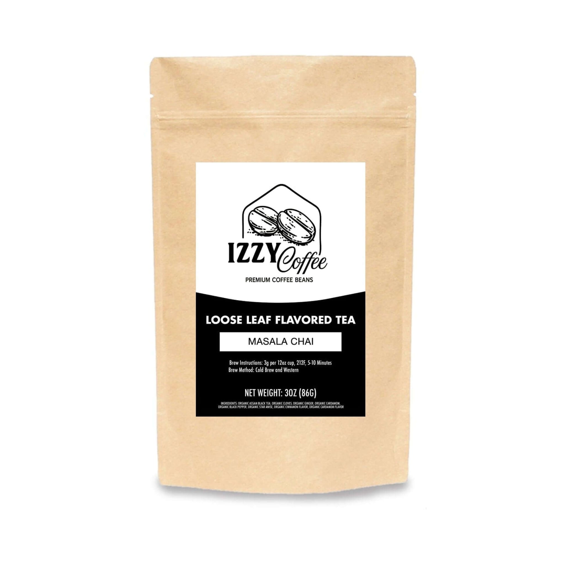 Authentic Masala Chai Izzy Coffee product packaging with clear label for online shopping