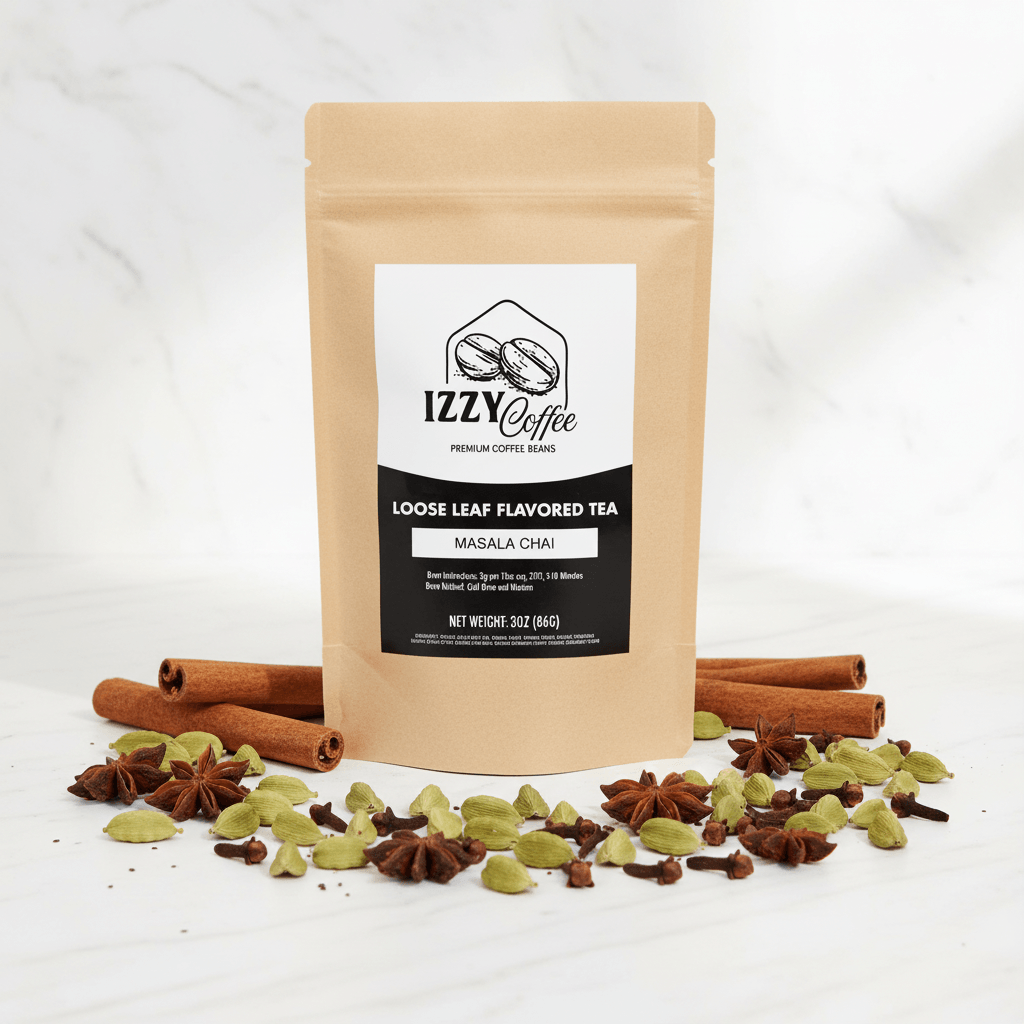 Authentic Masala Chai Izzy Coffee premium loose leaf tea lifestyle image for brewing and gifting