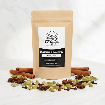 Authentic Masala Chai Izzy Coffee premium loose leaf tea lifestyle image for brewing and gifting