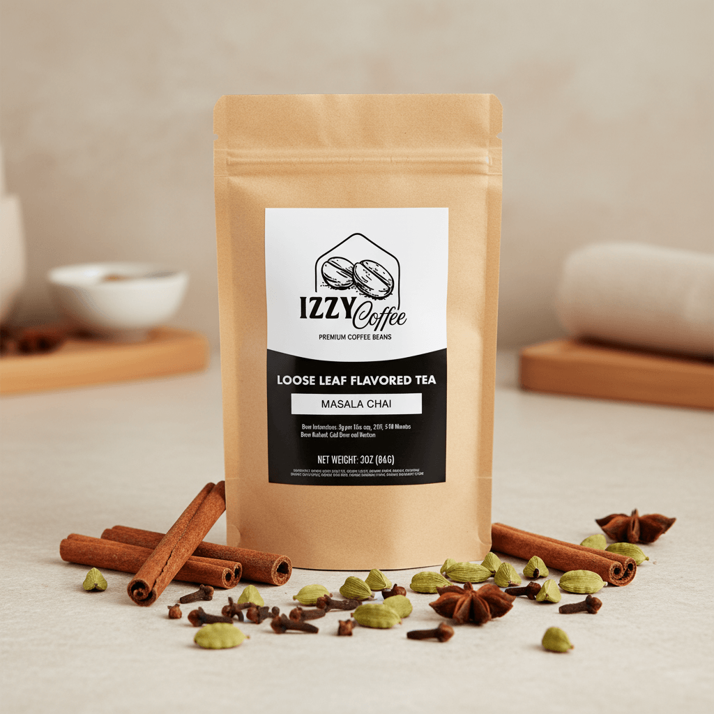 Authentic Masala Chai Izzy Coffee premium loose leaf tea lifestyle image for brewing and gifting