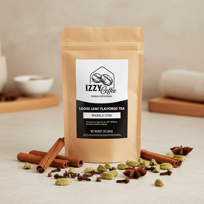 Authentic Masala Chai Izzy Coffee premium loose leaf tea lifestyle image for brewing and gifting