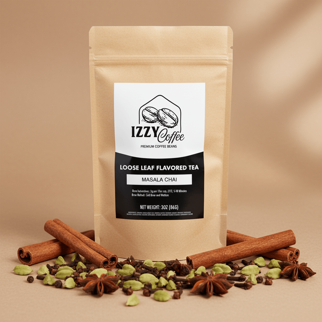 Authentic Masala Chai Izzy Coffee premium loose leaf tea lifestyle image for brewing and gifting
