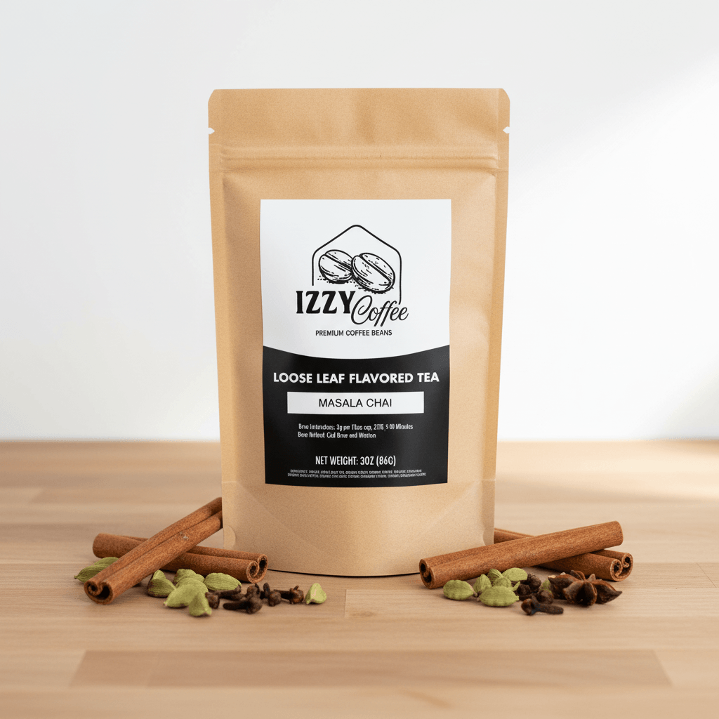 Authentic Masala Chai Izzy Coffee premium loose leaf tea lifestyle image for brewing and gifting