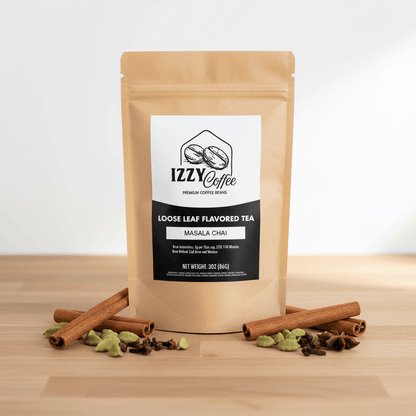 Authentic Masala Chai Izzy Coffee premium loose leaf tea lifestyle image for brewing and gifting