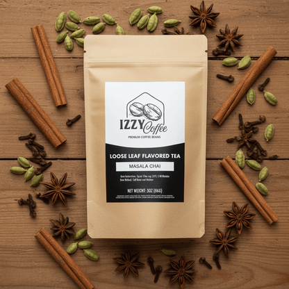 Authentic Masala Chai Izzy Coffee premium loose leaf tea lifestyle image for brewing and gifting