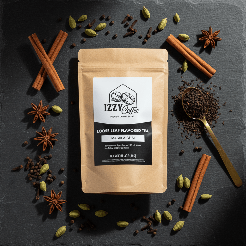Authentic Masala Chai Izzy Coffee premium loose leaf tea lifestyle image for brewing and gifting