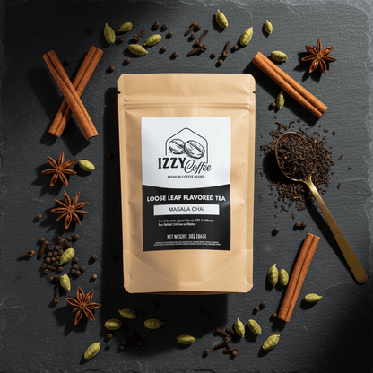 Authentic Masala Chai Izzy Coffee premium loose leaf tea lifestyle image for brewing and gifting