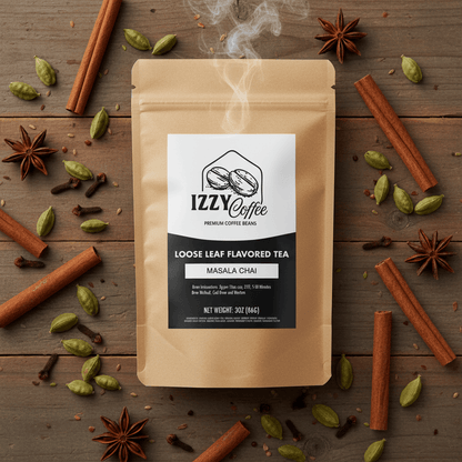 Authentic Masala Chai Izzy Coffee premium loose leaf tea lifestyle image for brewing and gifting