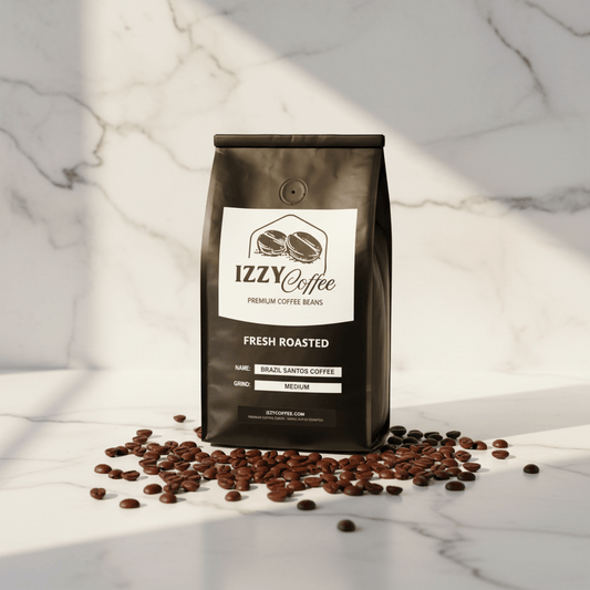 Brazil Santos Coffee Izzy Coffee fresh roasted coffee lifestyle image for brewing and gifting