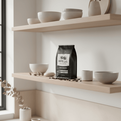 Brazil Santos Coffee Izzy Coffee fresh roasted coffee lifestyle image for brewing and gifting