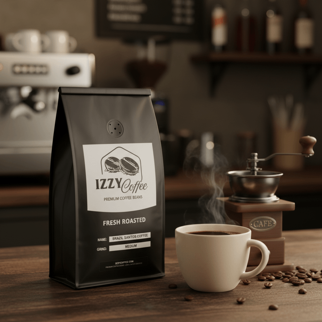 Brazil Santos Coffee Izzy Coffee fresh roasted coffee lifestyle image for brewing and gifting