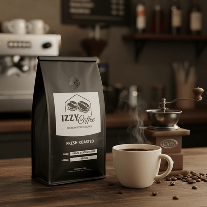 Brazil Santos Coffee Izzy Coffee fresh roasted coffee lifestyle image for brewing and gifting