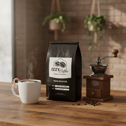 Candy Cane Coffee Izzy Coffee fresh roasted coffee lifestyle image for brewing and gifting