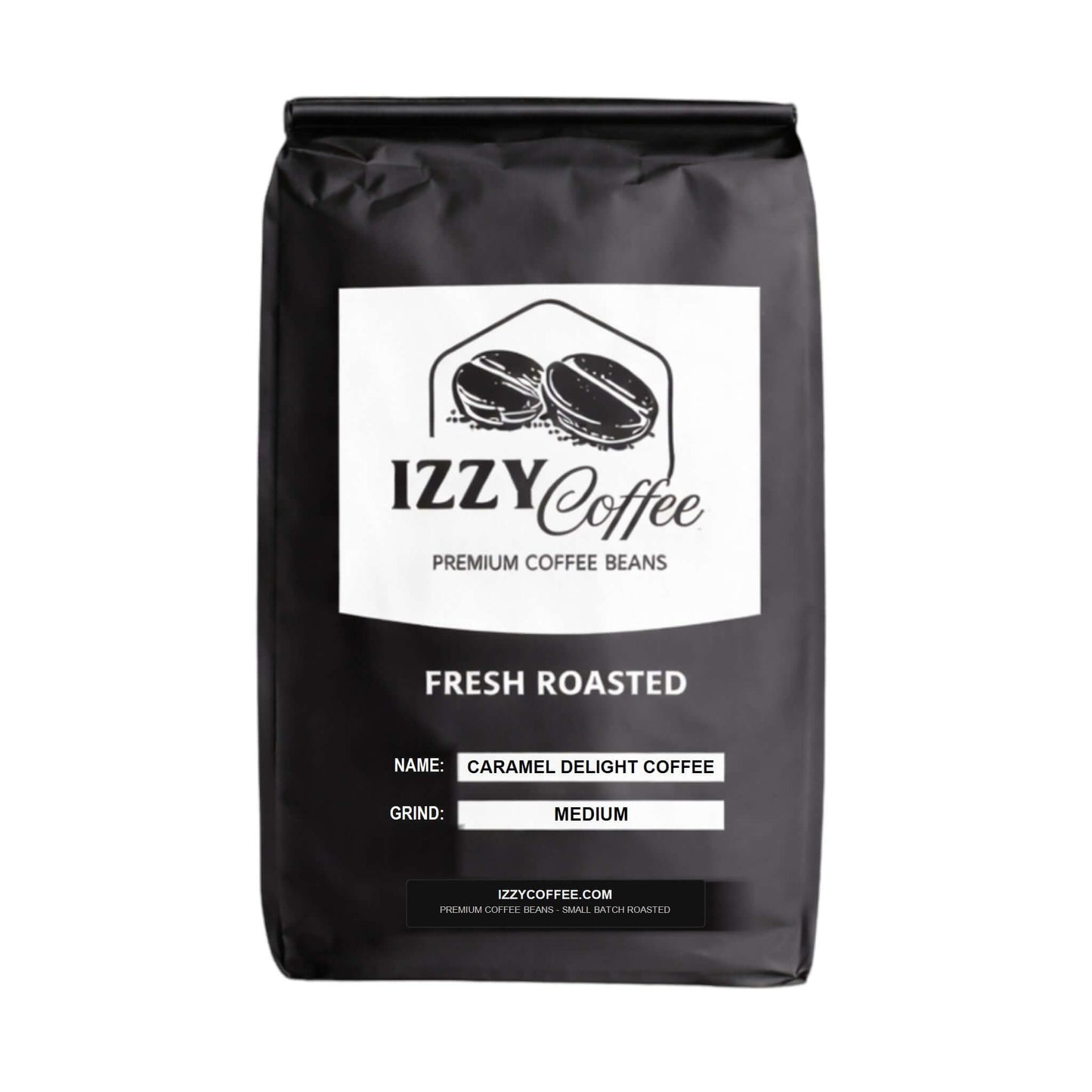 Caramel Delight Coffee Izzy Coffee product packaging with clear label for online shopping