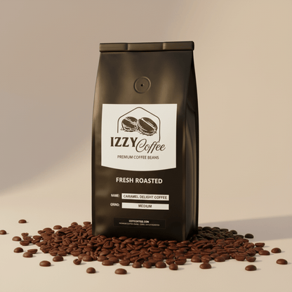 Caramel Delight Coffee Izzy Coffee fresh roasted coffee lifestyle image for brewing and gifting