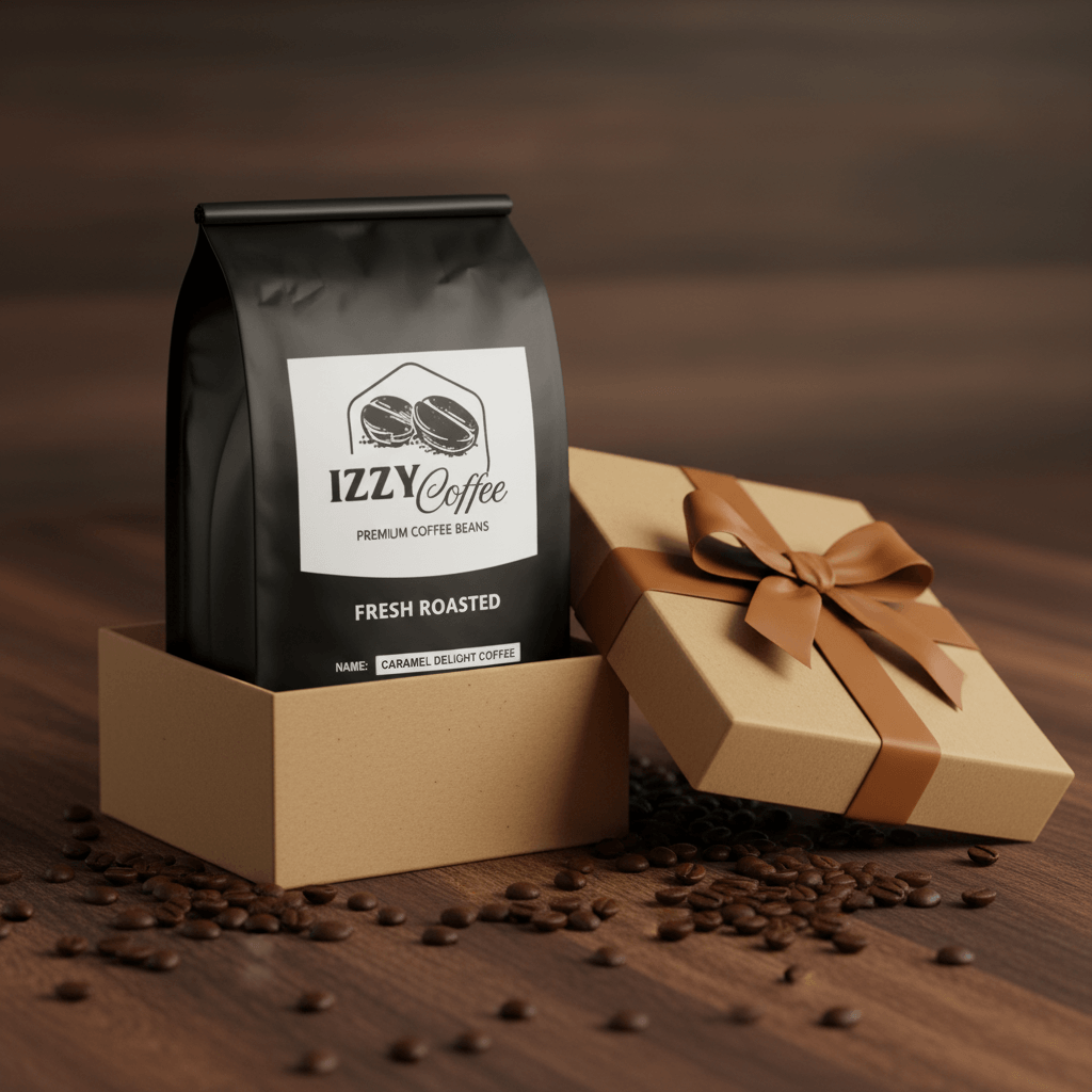 Caramel Delight Coffee Izzy Coffee fresh roasted coffee lifestyle image for brewing and gifting