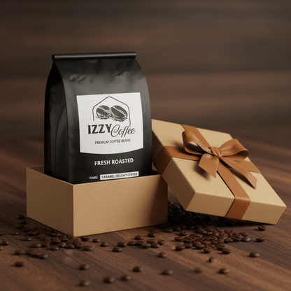 Caramel Delight Coffee Izzy Coffee fresh roasted coffee lifestyle image for brewing and gifting
