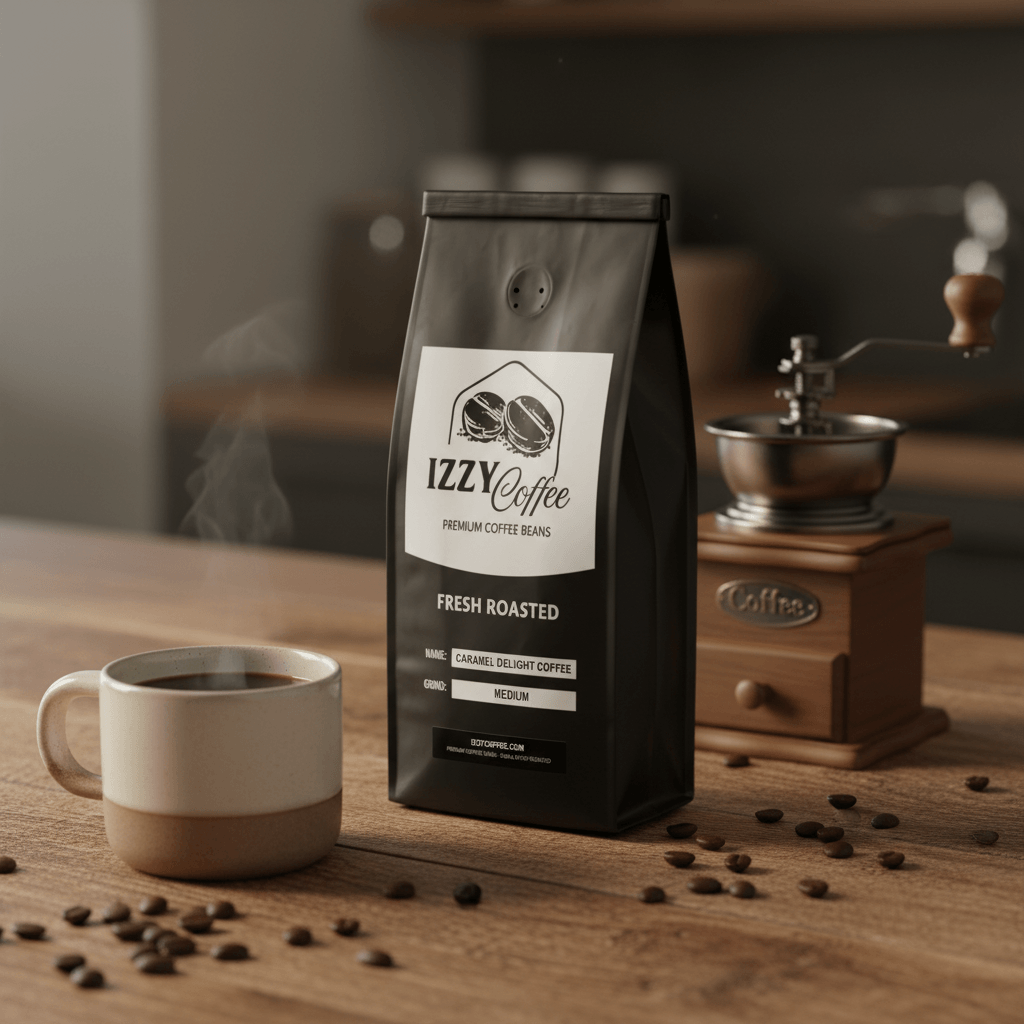 Caramel Delight Coffee Izzy Coffee fresh roasted coffee lifestyle image for brewing and gifting