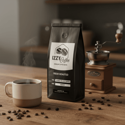 Caramel Delight Coffee Izzy Coffee fresh roasted coffee lifestyle image for brewing and gifting