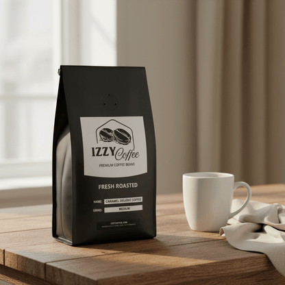 Caramel Delight Coffee Izzy Coffee fresh roasted coffee lifestyle image for brewing and gifting