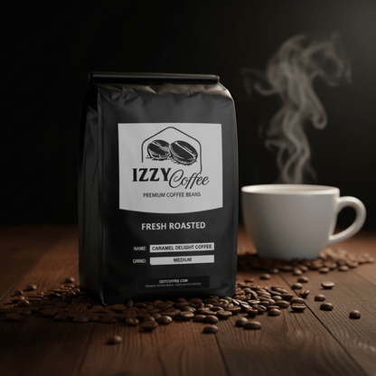 Caramel Delight Coffee Izzy Coffee fresh roasted coffee lifestyle image for brewing and gifting