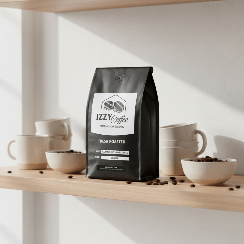 Caramel Delight Coffee Izzy Coffee fresh roasted coffee lifestyle image for brewing and gifting