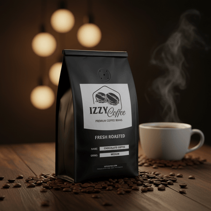 Chocolate Coffee Izzy Coffee fresh roasted coffee lifestyle image for brewing and gifting