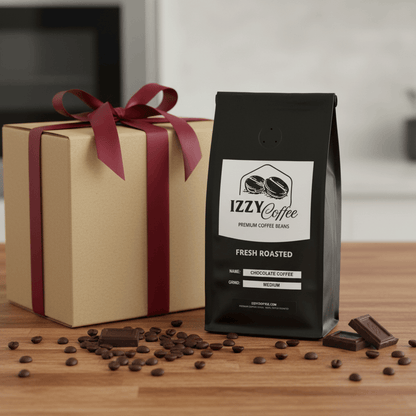 Chocolate Coffee Izzy Coffee fresh roasted coffee lifestyle image for brewing and gifting