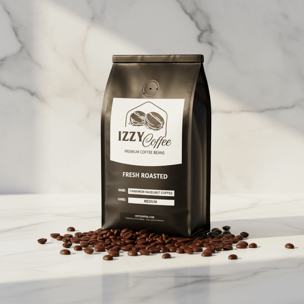 Cinnamon Hazelnut Coffee Izzy Coffee fresh roasted coffee lifestyle image for brewing and gifting