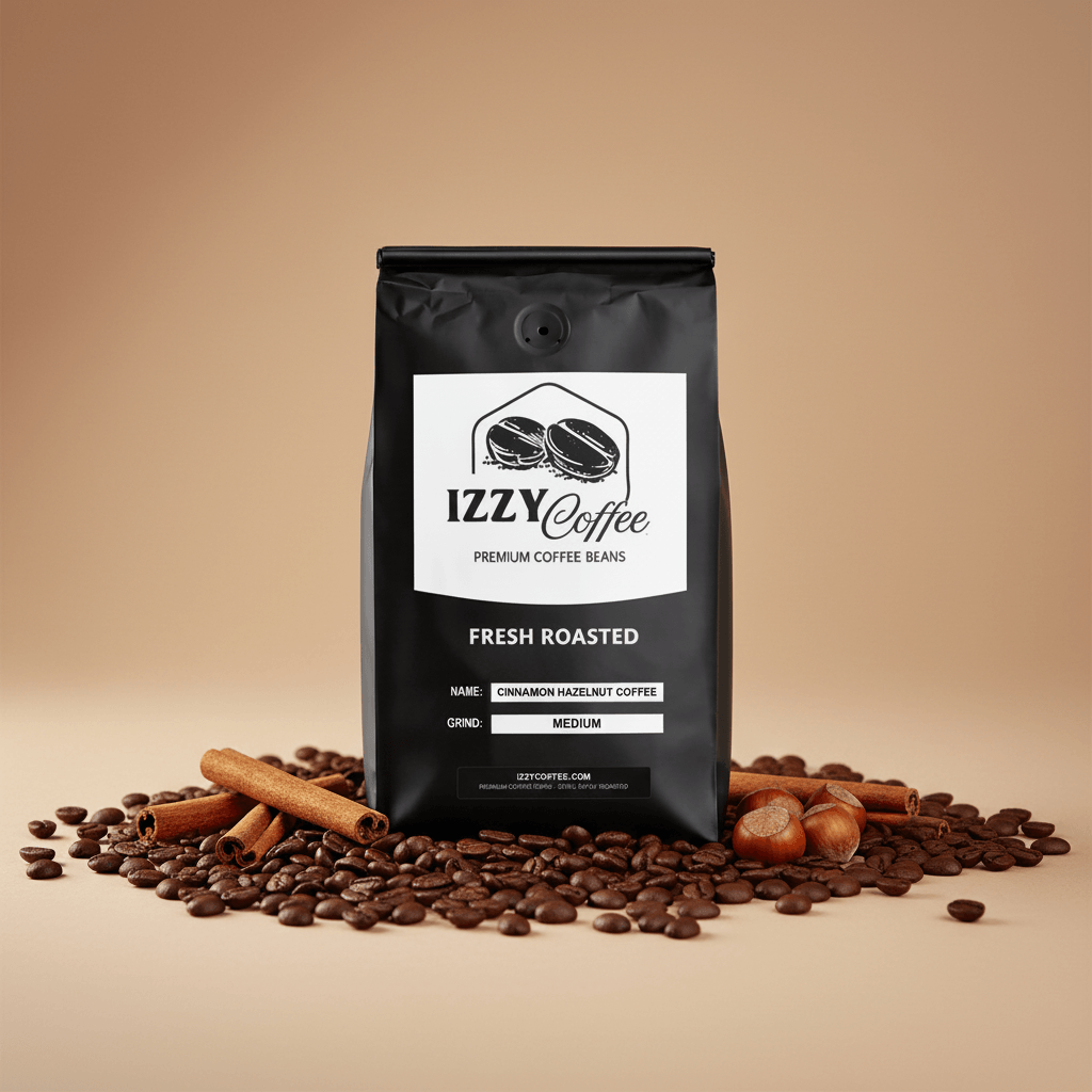 Cinnamon Hazelnut Coffee Izzy Coffee fresh roasted coffee lifestyle image for brewing and gifting