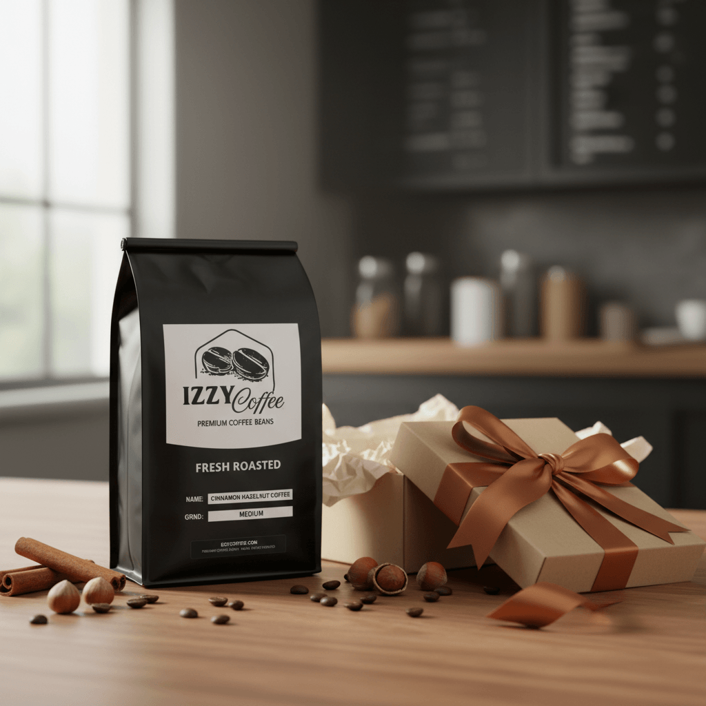 Cinnamon Hazelnut Coffee Izzy Coffee fresh roasted coffee lifestyle image for brewing and gifting