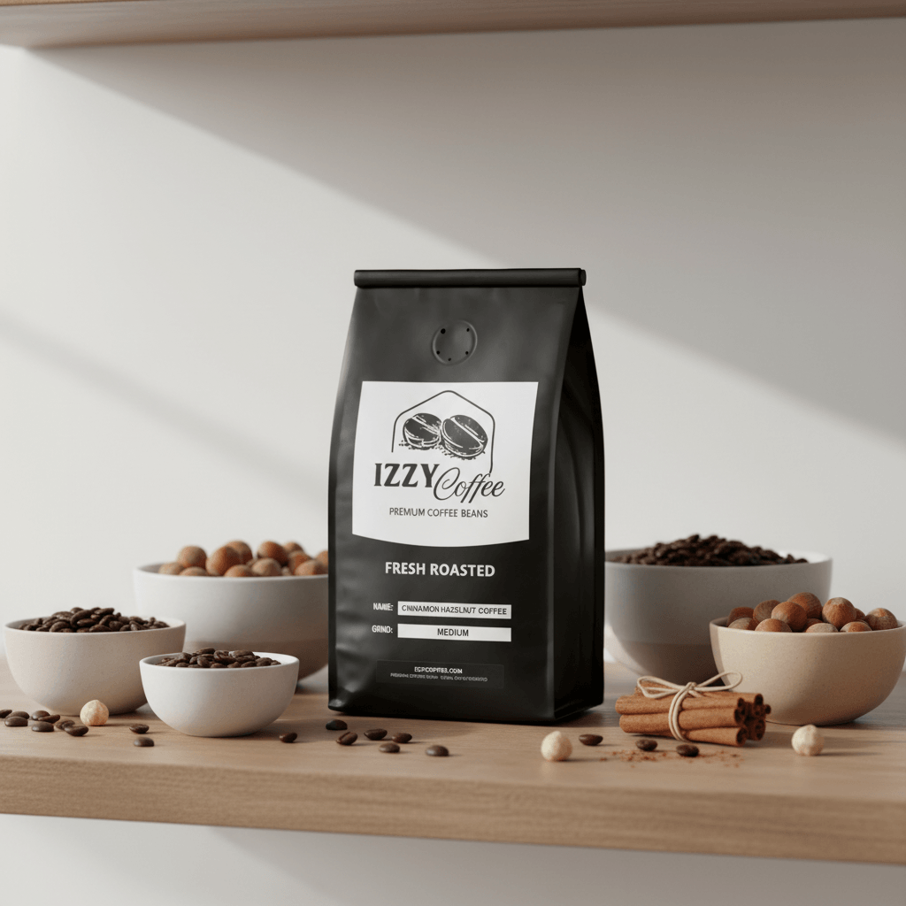 Cinnamon Hazelnut Coffee Izzy Coffee fresh roasted coffee lifestyle image for brewing and gifting