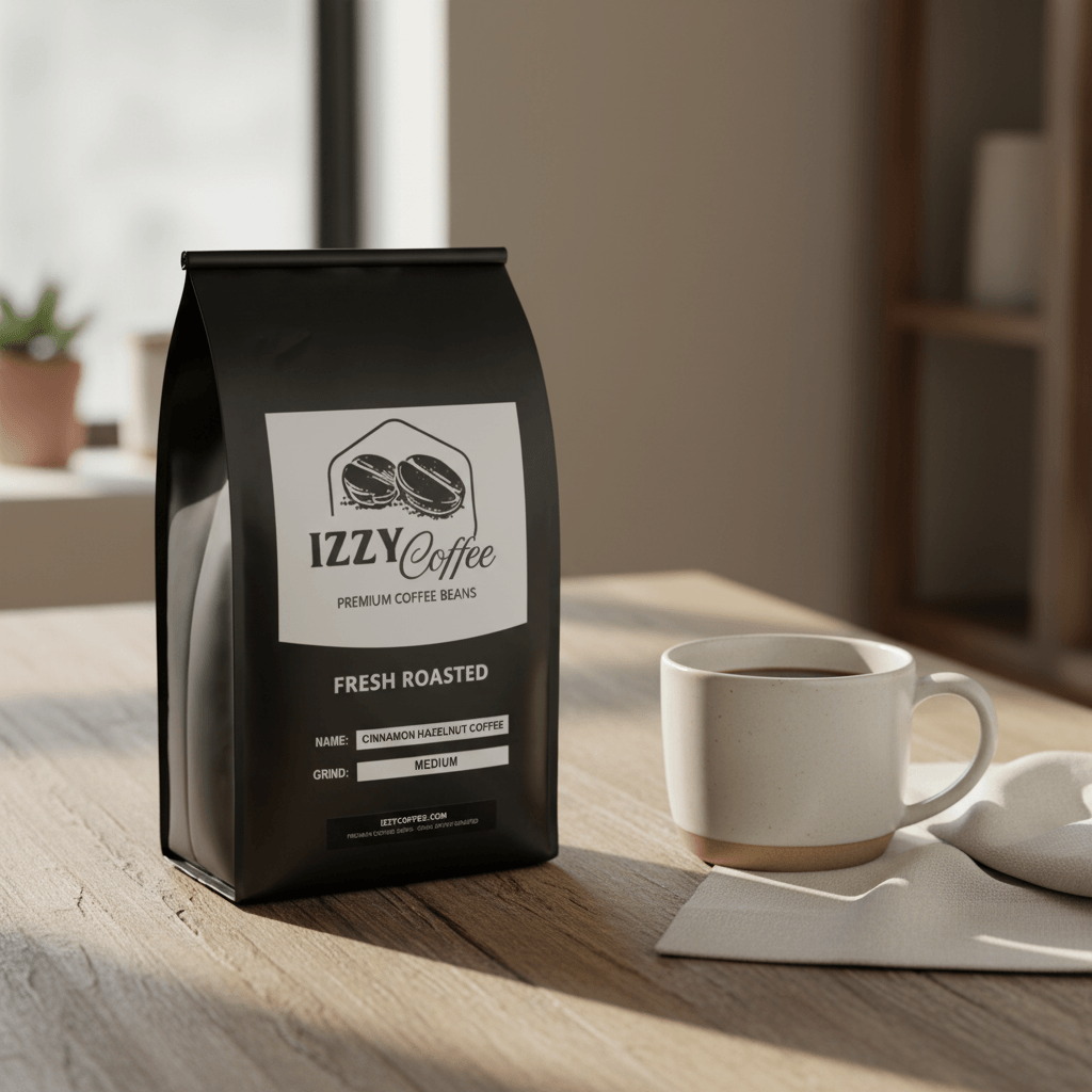 Cinnamon Hazelnut Coffee Izzy Coffee fresh roasted coffee lifestyle image for brewing and gifting