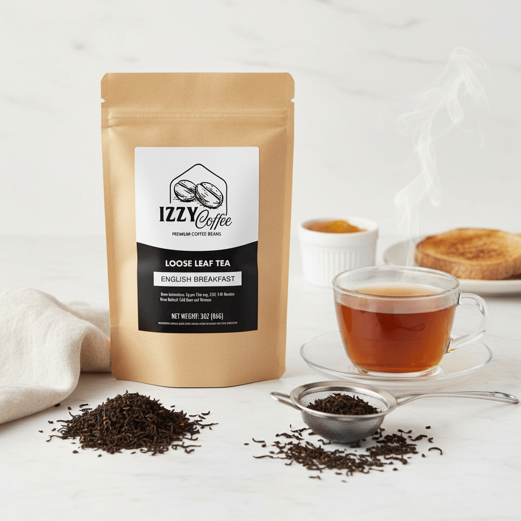 Classic English Breakfast Tea Izzy Coffee premium loose leaf tea lifestyle image for brewing and gifting
