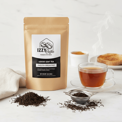 Classic English Breakfast Tea Izzy Coffee premium loose leaf tea lifestyle image for brewing and gifting