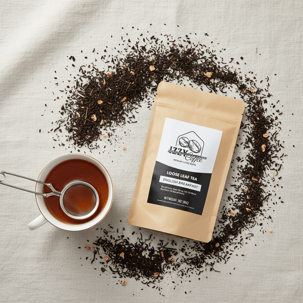 Classic English Breakfast Tea Izzy Coffee premium loose leaf tea lifestyle image for brewing and gifting