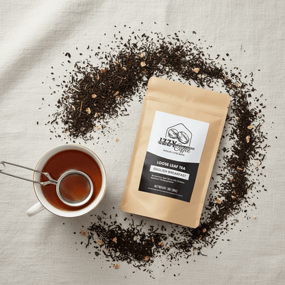 Classic English Breakfast Tea Izzy Coffee premium loose leaf tea lifestyle image for brewing and gifting