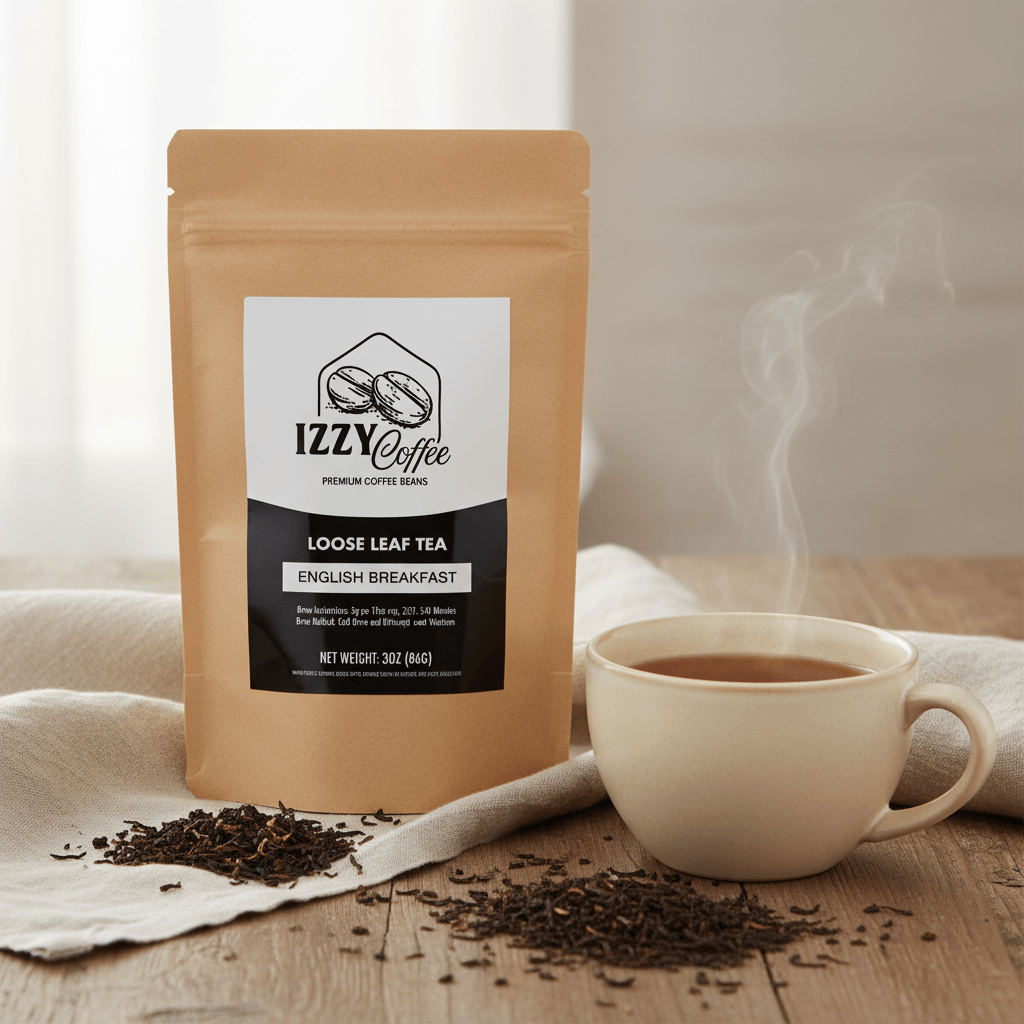 Classic English Breakfast Tea Izzy Coffee premium loose leaf tea lifestyle image for brewing and gifting