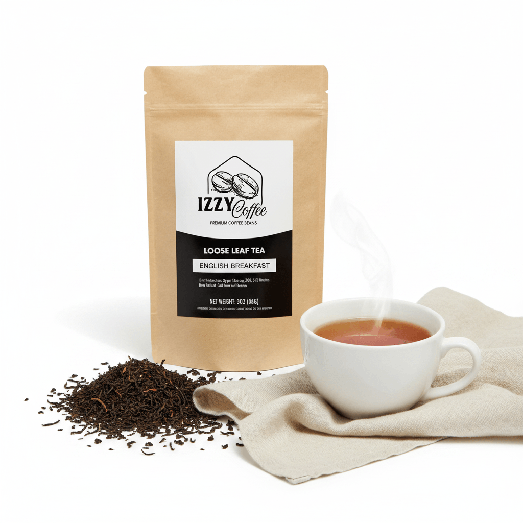 Classic English Breakfast Tea Izzy Coffee premium loose leaf tea lifestyle image for brewing and gifting